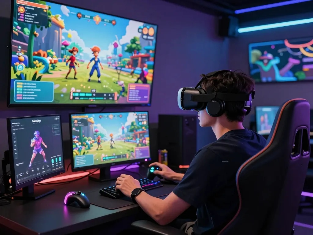 Engaged player using CrushOn virtual reality gaming setup in a vibrant environment.