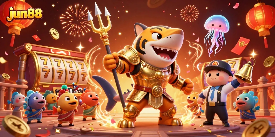 Experience thrilling gaming with jun88's vibrant casino scene featuring tiger shark gladiator.