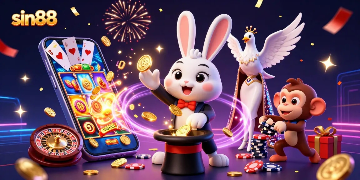 Sin88 showcases a magician rabbit, glamorous dove, and mischievous monkey celebrating casino wins.