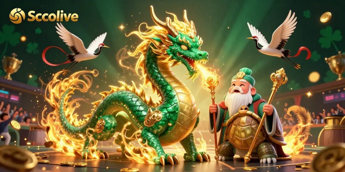 Socolive sports betting features an emerald dragon and lucky cranes, immersing viewers in vibrant energy.