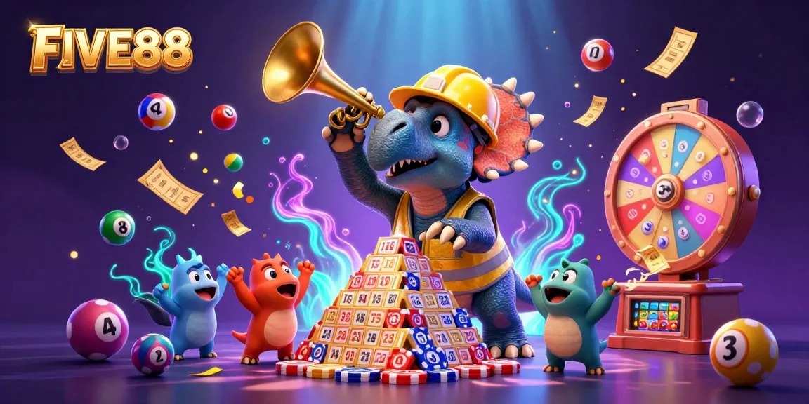 FIVE88 showcases a vibrant scene of a triceratops joyfully stacking poker chips amid dynamic lottery elements.