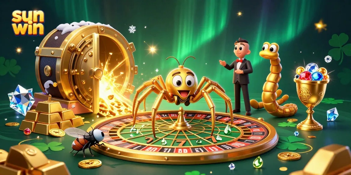 Betting with sun win at a vibrant casino-themed scene featuring a spinning roulette wheel web.