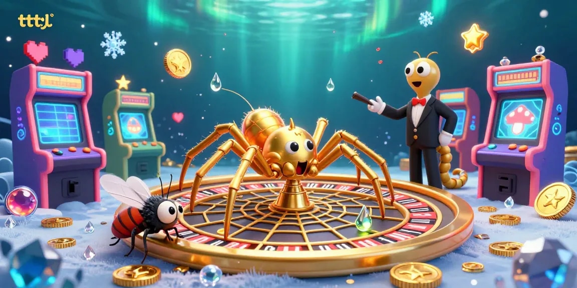 Bet on vibrant games with tttjl as a golden spider spins a roulette wheel web in this captivating 3D illustration.