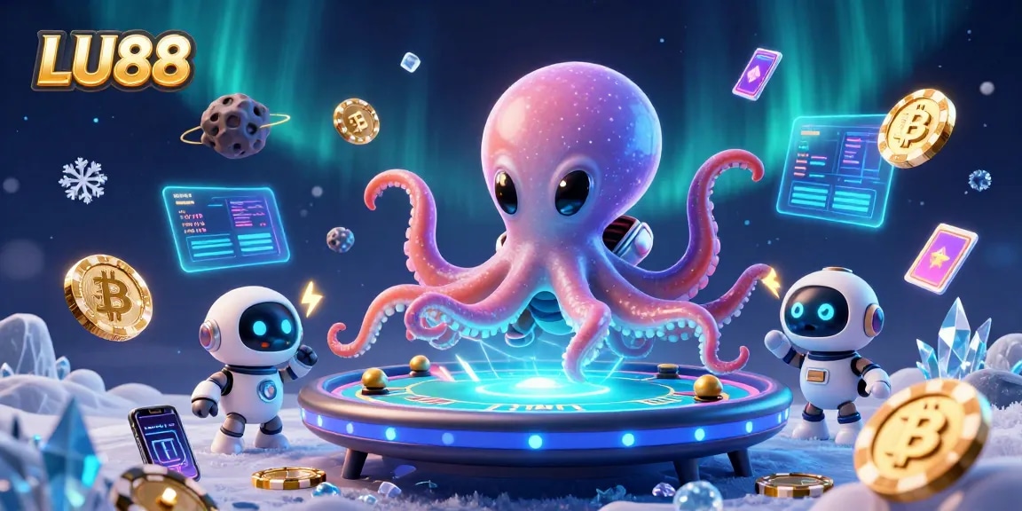 LU88's alien octopus deals holographic poker at a dazzling cosmic casino.