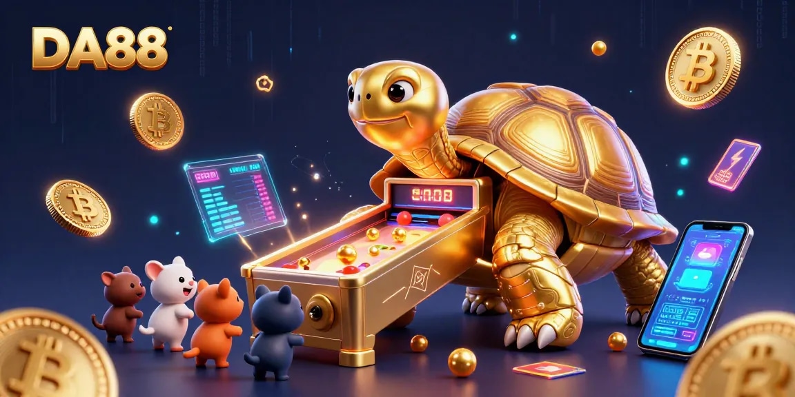 Engage at DA88 with a vibrant 3D casino scene featuring a golden tortoise pinball machine.