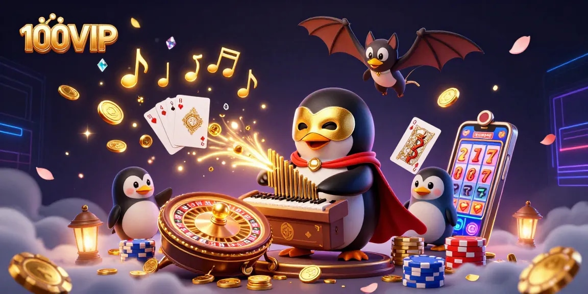 Join the 100VIP adventure filled with casino magic, golden coins, and coins flying from slot reels.