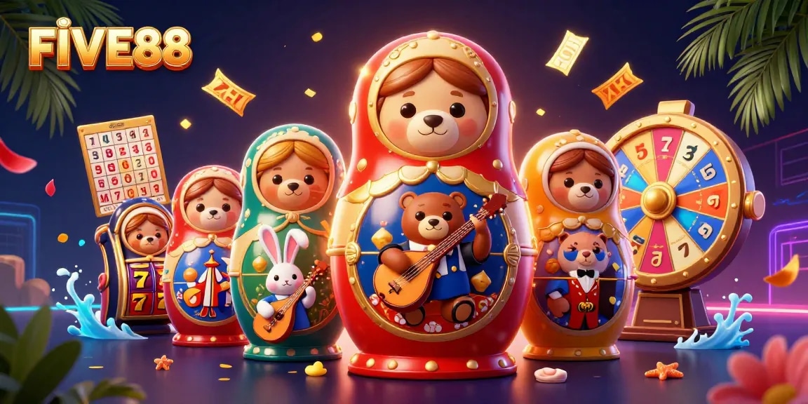 Engage with FIVE88 - a vibrant 3D scene featuring casino elements, Russian bears, and a serenading rabbit.