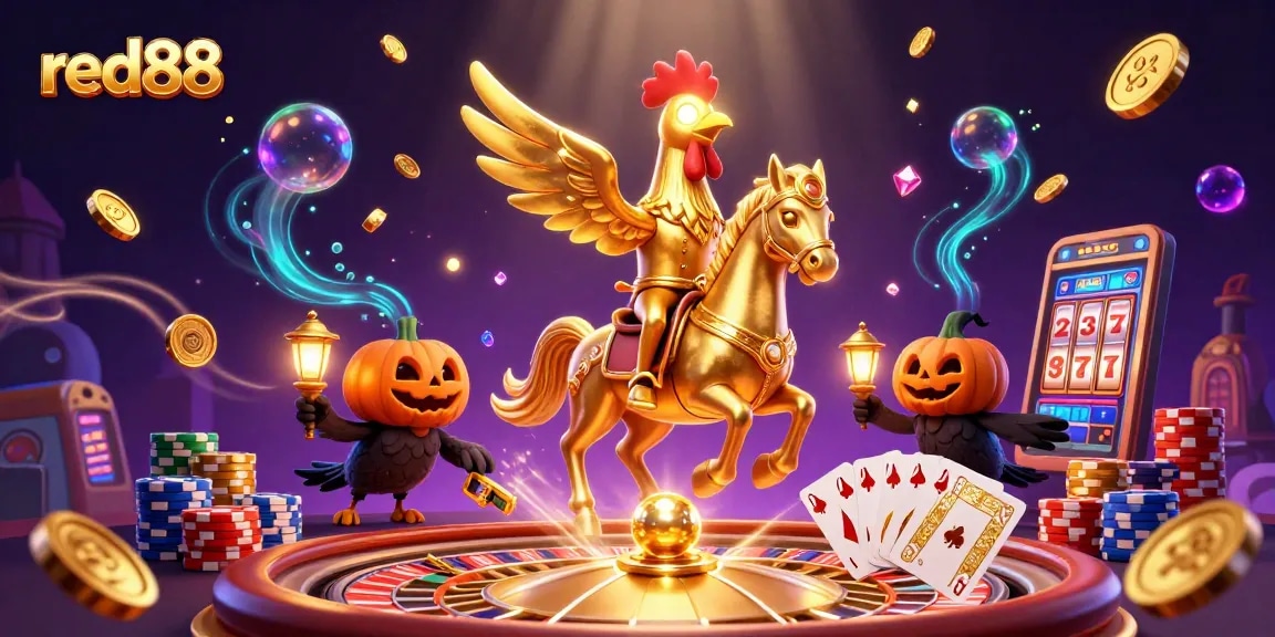 Experience the excitement of red88 with a golden rooster riding through a lively casino scene.