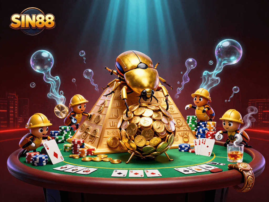 SIN88 showcases a massive golden dung beetle rolling a coin ball up a pyramid amid poker elements