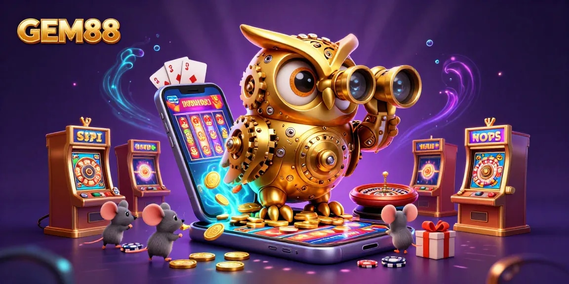 Experience thrilling wins with GEM88's vibrant casino scene featuring a golden owl and playful mice.