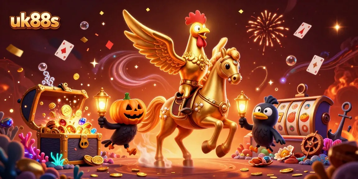 Engage with exciting slots at uk88s, featuring a golden rooster and festive casino ambiance.