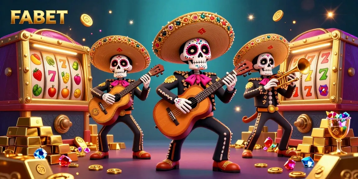 Engage with FABET's vibrant 3D mariachi band in a lively casino scene featuring slot reels and gold.