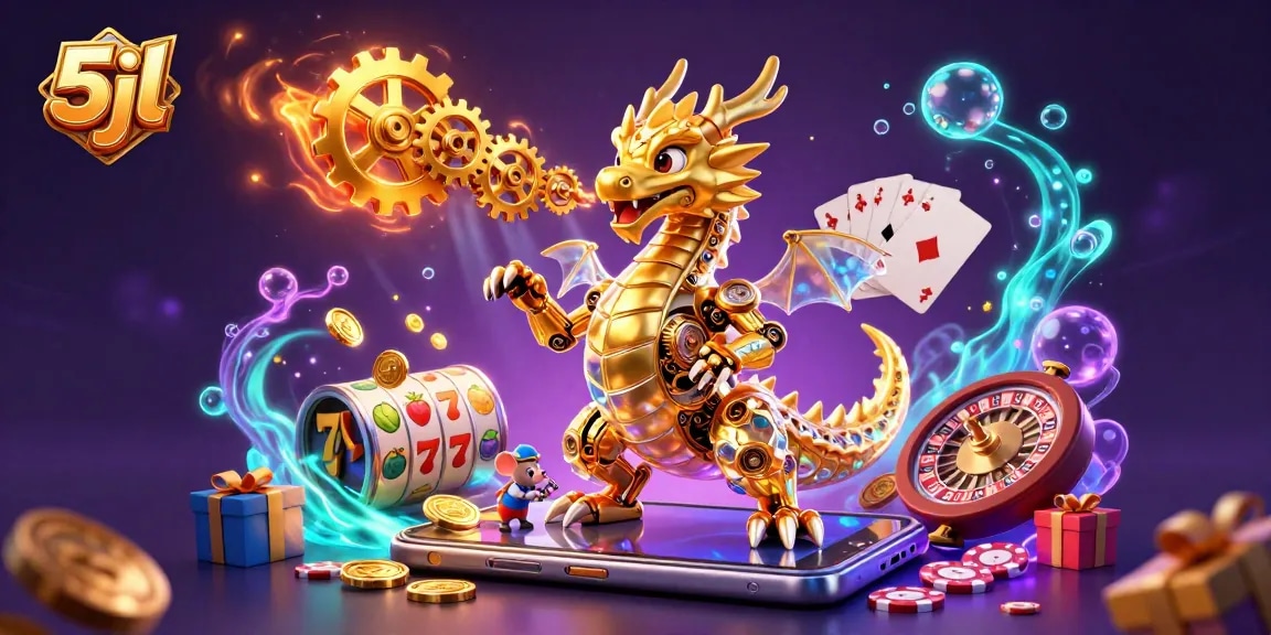 Experience thrilling slots with 5jl as the dragon unleashes gold in a vibrant casino scene.