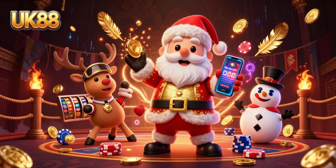 Experience the excitement of UK88 slots with Santa and friends celebrating a jackpot!