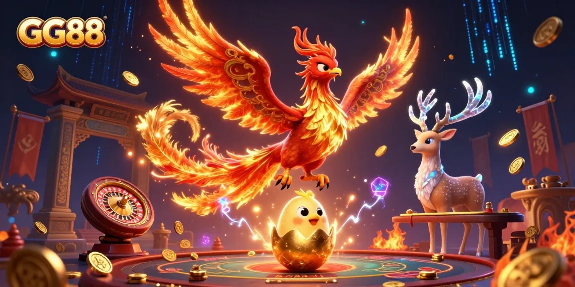 Engage with GG88's vibrant casino world featuring phoenix and mystical stag amidst golden game elements.