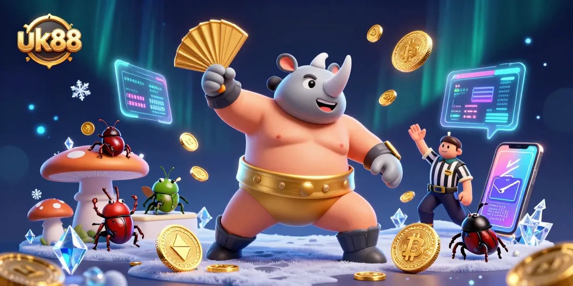 uk88 features an epic scene with a rhinoceros beetle champion amidst flying coins and crypto elements.