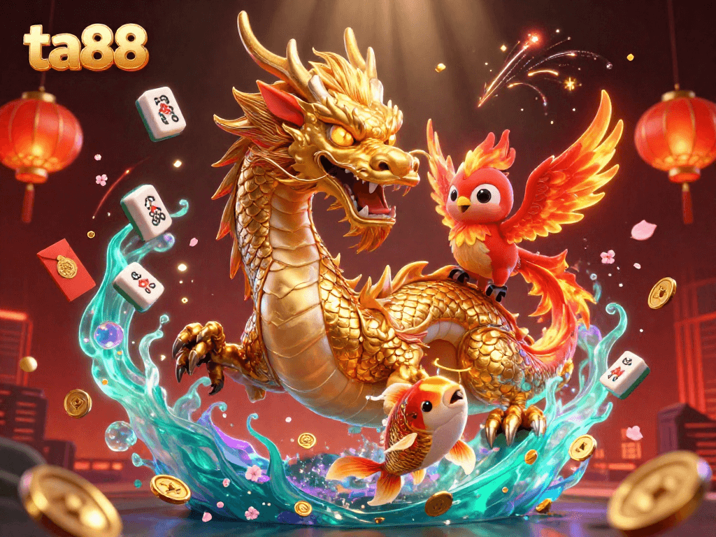 Experience the excitement at ta88 with vibrant illustrations featuring a golden dragon, a lucky koi fish, and festive elements.
