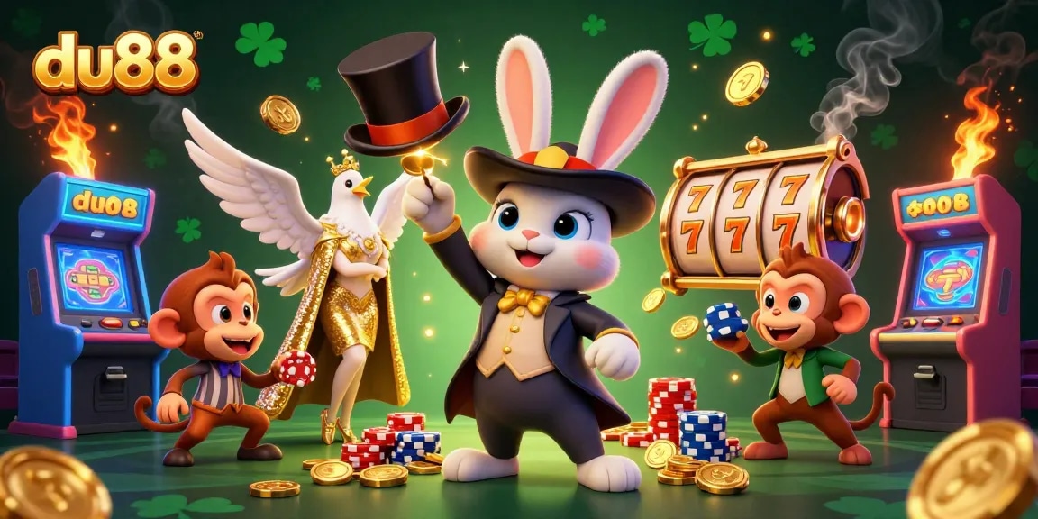 Experience the thrill of du88 with a magician rabbit and slot elements in dynamic 3D casino illustration.
