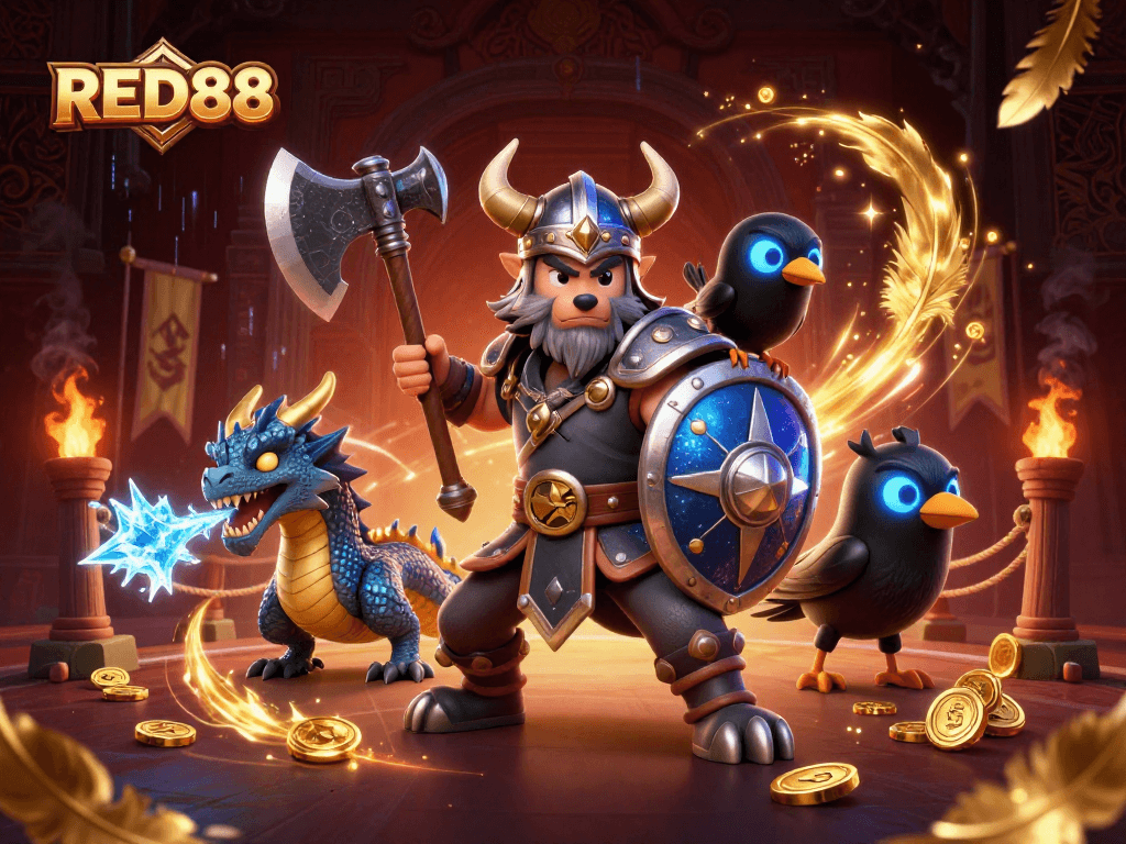 Win big at RED88 casino with Viking warrior and dragon in thrilling 3D gameplay