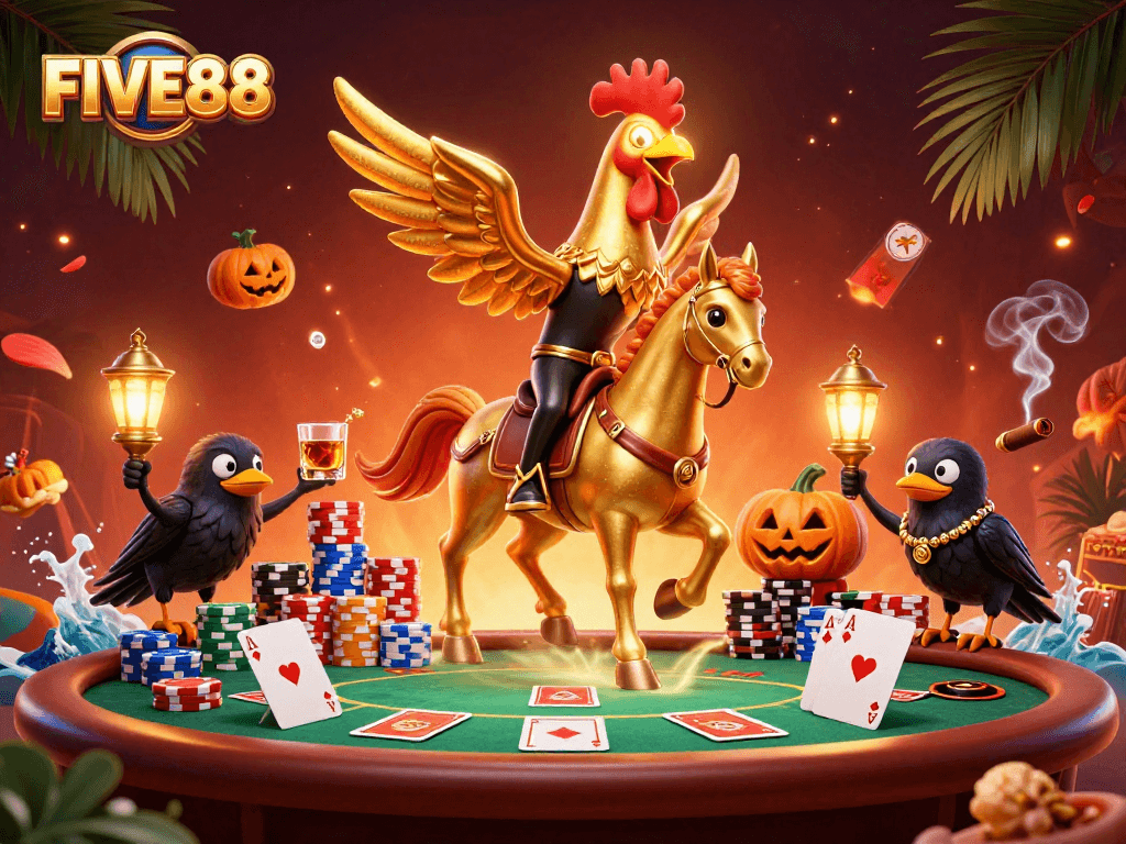 Experience the thrill of FIVE88 in a dynamic casino scene with a golden rooster and crow companions.
