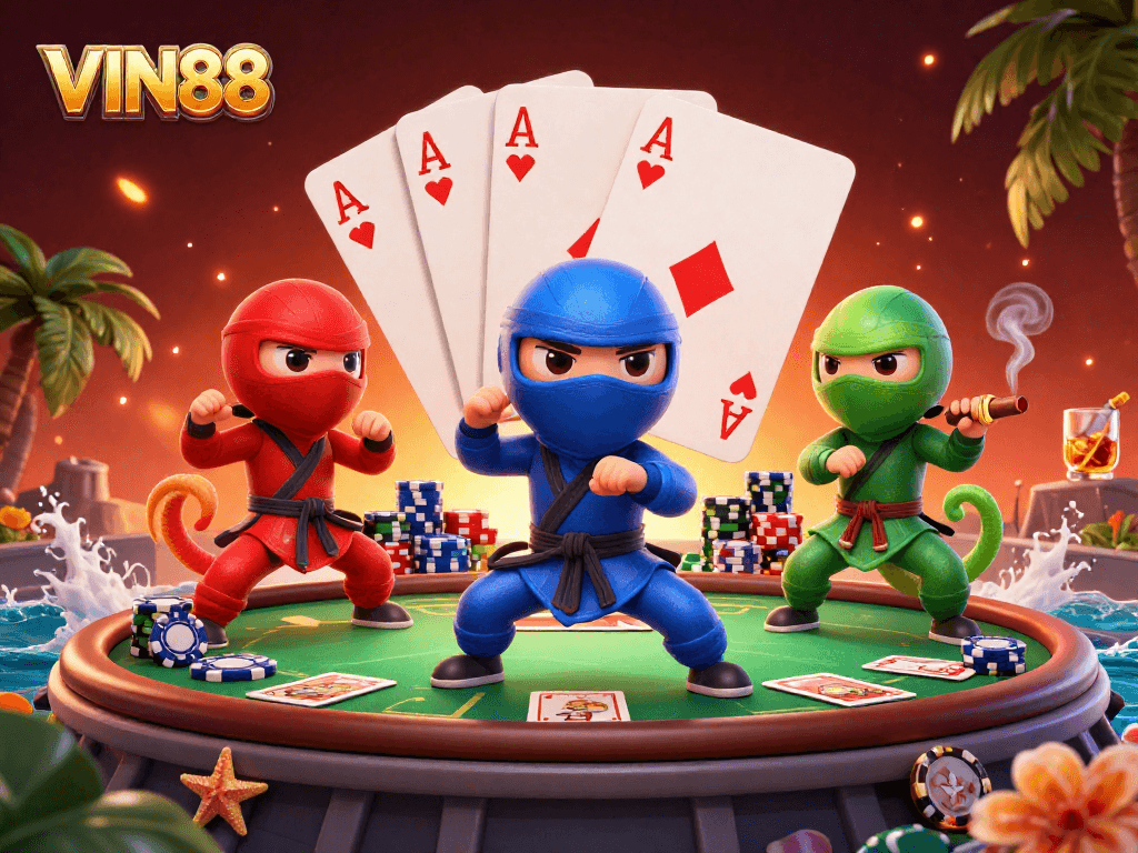 Experience thrilling poker action with VIN88 and a team of ninja chameleons showcasing their skills!
