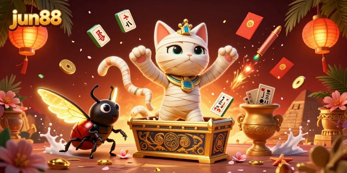 Experience the thrill of gambling at jun88 with an Egyptian mummy cat and golden casino elements.