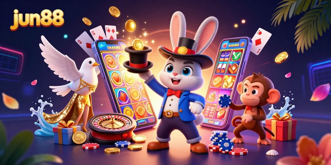 Experience the magic of jun88 casino with a charming illustration of a magician rabbit, lavish doves, and playful monkeys surrounded by vibrant gaming elements.