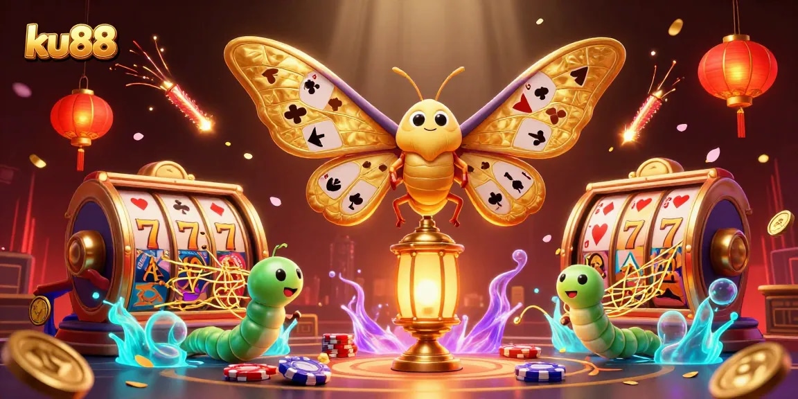 ku88 showcases a vibrant 3D casino scene with a moth, lanterns, and lively gaming elements.