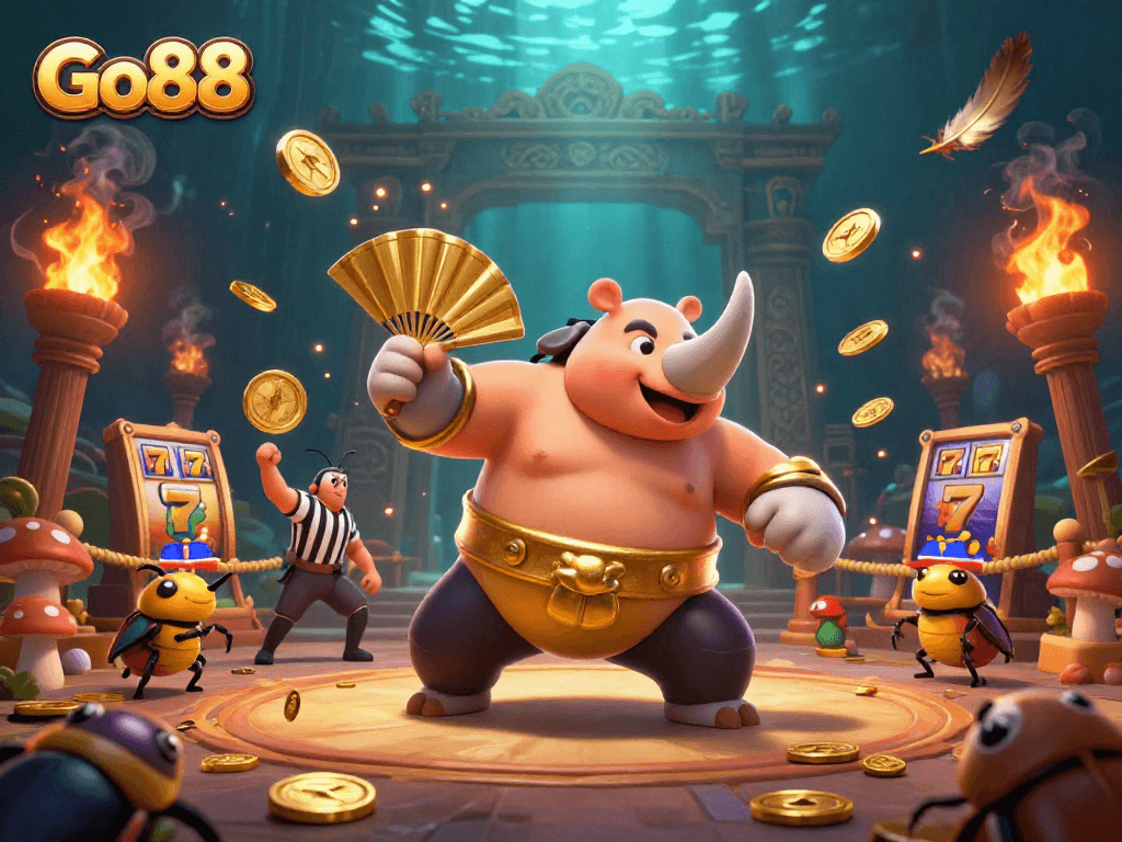 Go88 showcases a lively casino scene with a rhinoceros beetle champion surrounded by vibrant game action.