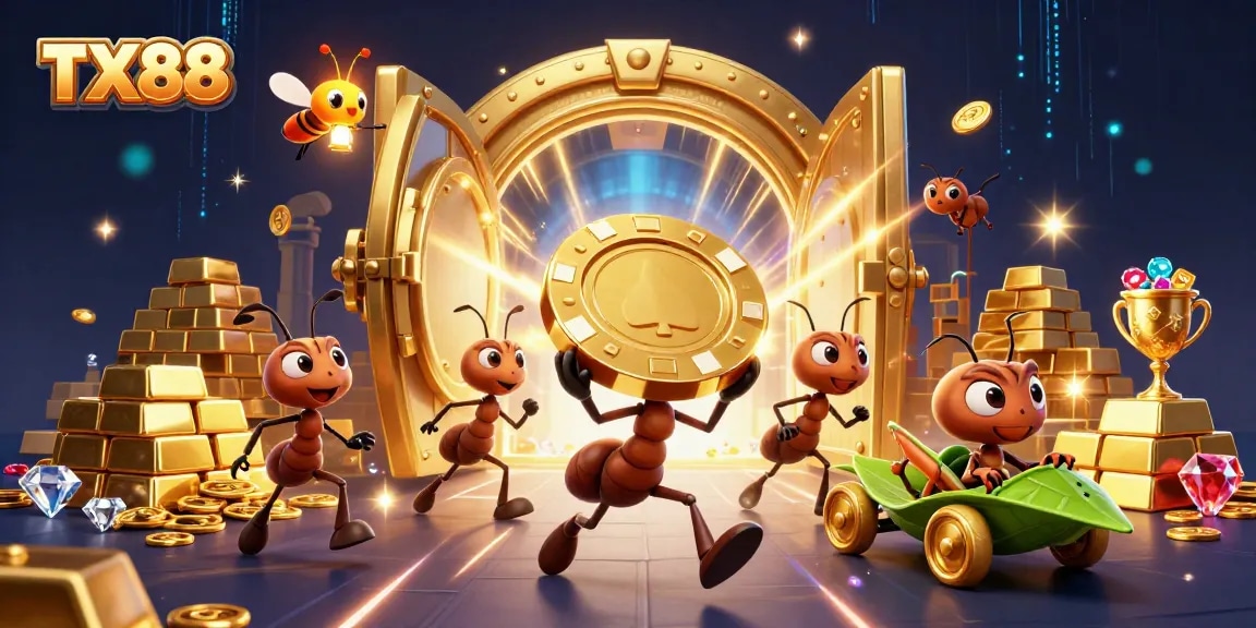 Experience the thrill of winning with TX88 at a vibrant online casino heist scene featuring ants and jewels.