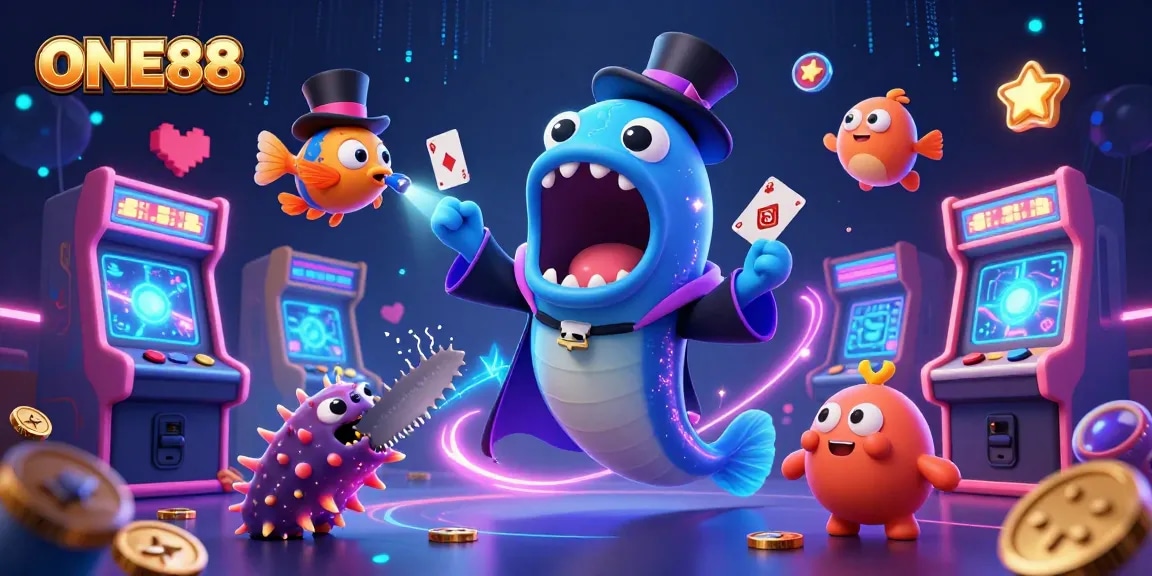 Engaging illustration of ONE88 showcasing a deep-sea gulper eel performing magic tricks, emphasizing thrilling gaming experience.