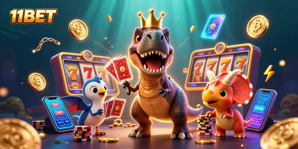 Join the excitement at 11BET! A friendly T-Rex shuffles cards in a vibrant casino scene.