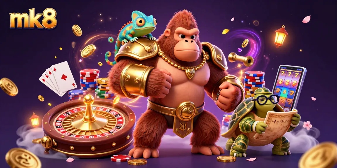 Experience thrill and excitement at mk8 with a vibrant 3D illustration featuring a golden gorilla king, chameleon, and tortoise amidst captivating casino elements.
