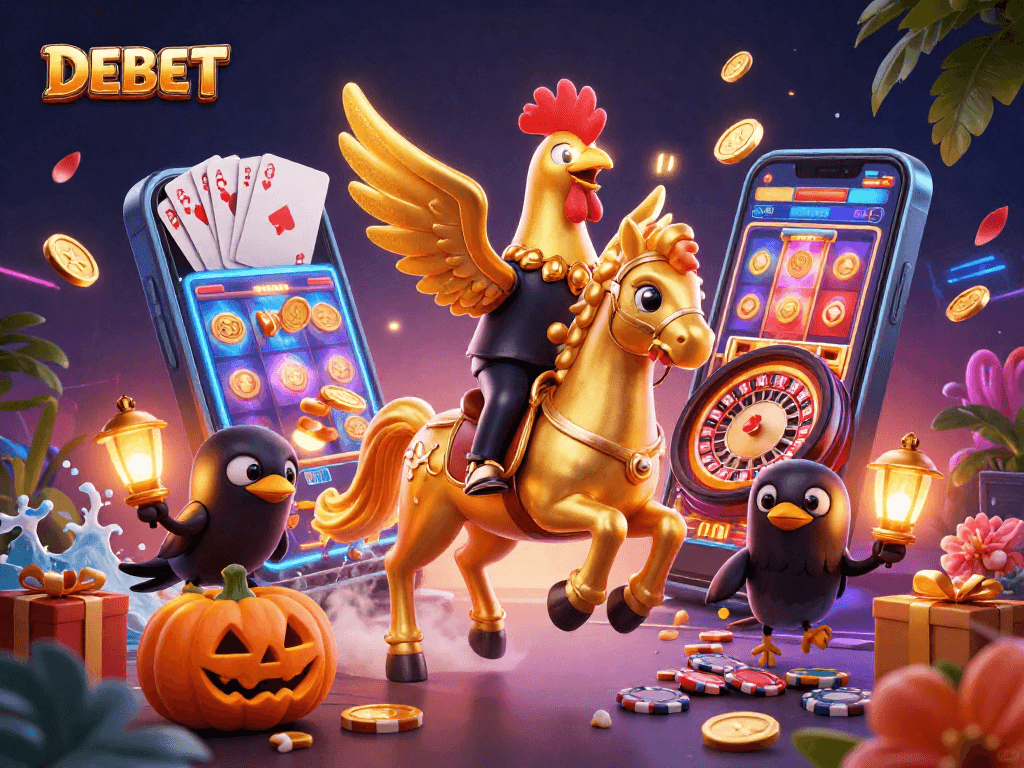 Experience DEBET's thrilling casino adventure with a glowing golden rooster and spectral horse in a vibrant midnight scene.
