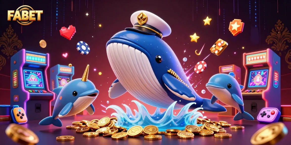 Experience FABET's enchanting underwater adventure with a cartoon whale and friends in a rich casino setting.