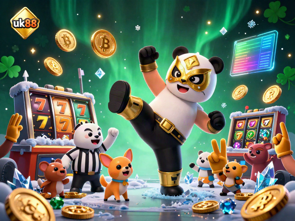 Experience the vibrant excitement of uk88 with a 3D scene featuring a flying panda wrestler, cheering animal fans, and glowing crypto coins.