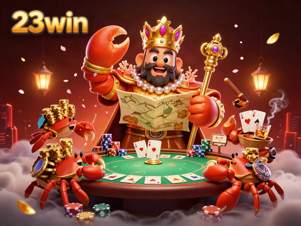 Experience the vibrant world of 23win with an illustrated scene of a golden crab emperor amidst engaging poker elements.