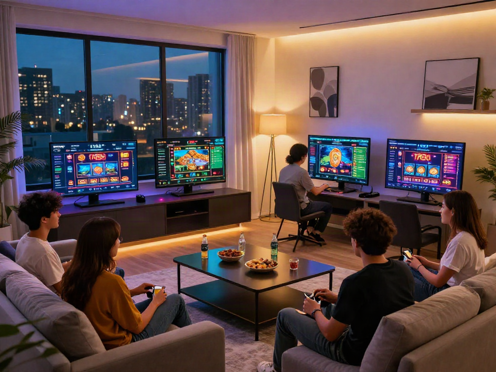 Enthusiastic gamers engaging with the ta88 platform in a lively modern setting