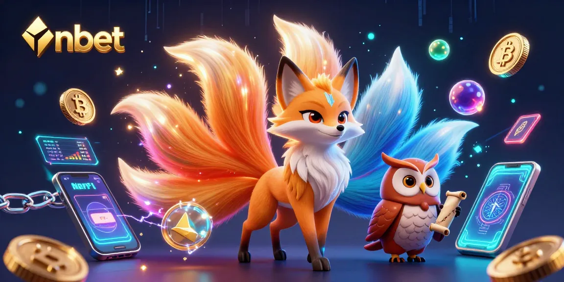Bet at nbet with a vivid depiction of a nine-tailed fox and crypto elements in a colorful 3D scene.