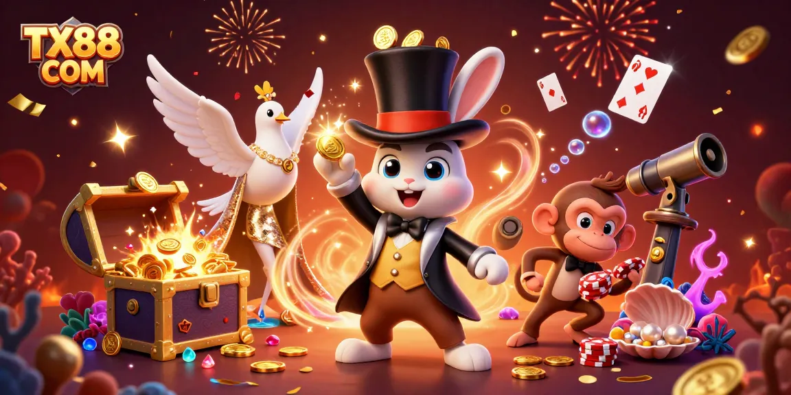 Experience thrilling gameplay and winning moments with TX88 COM featuring a magician rabbit and playful characters.