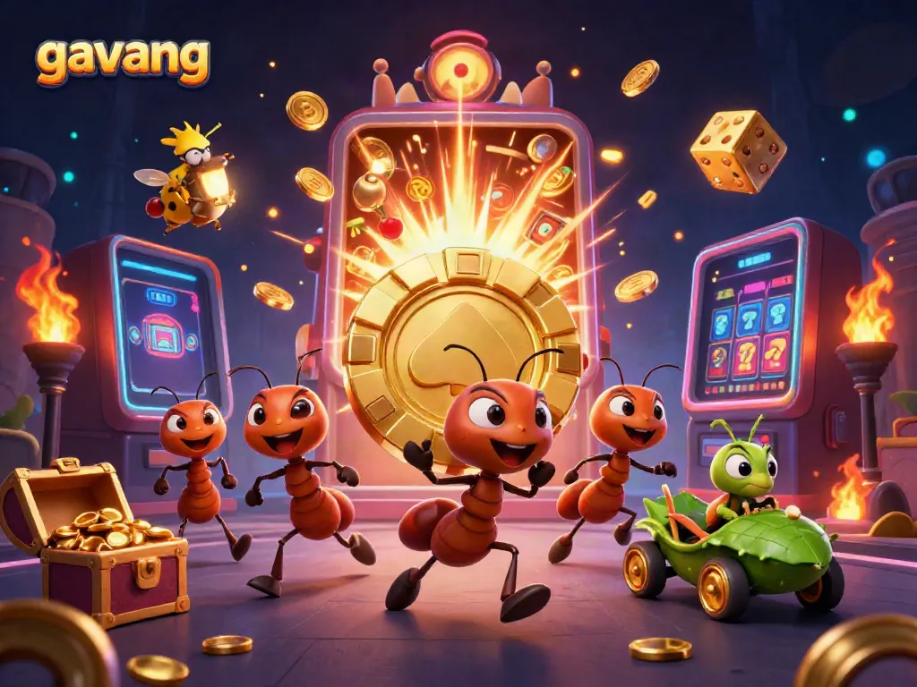 Experience the thrilling heist with Gavang's 3D animated ants and golden poker chip.