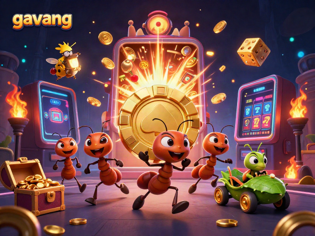 Experience the thrilling heist with Gavang's 3D animated ants and golden poker chip.