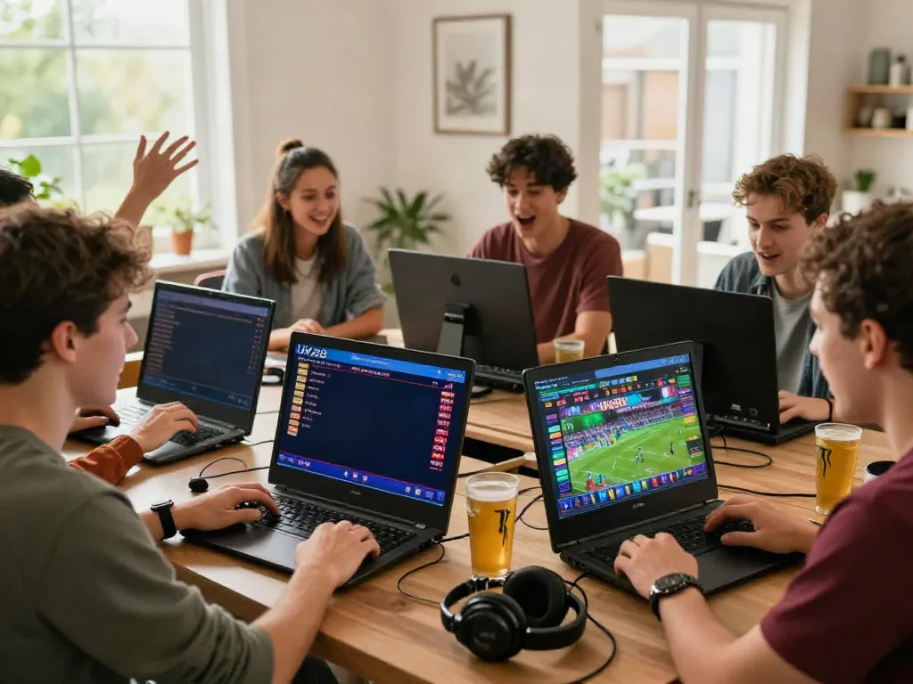 Friends engaging in online betting on UK88 platform in a cozy, modern setting.