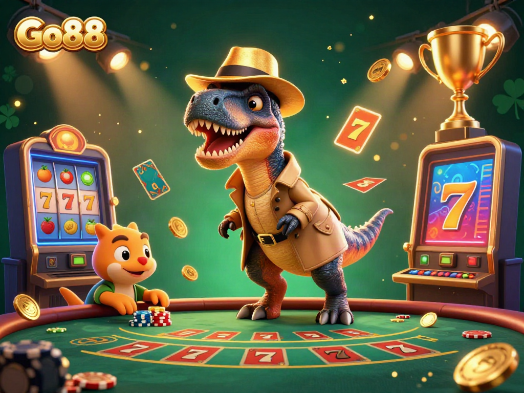 Join the Go88 adventure with a velociraptor in disguise, amid vibrant casino elements!