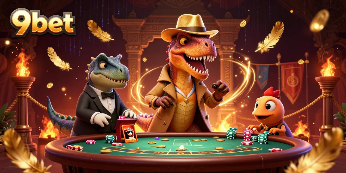 Experience the thrilling 9bet world with a vibrant cartoon scene of dinosaurs at a blackjack table.