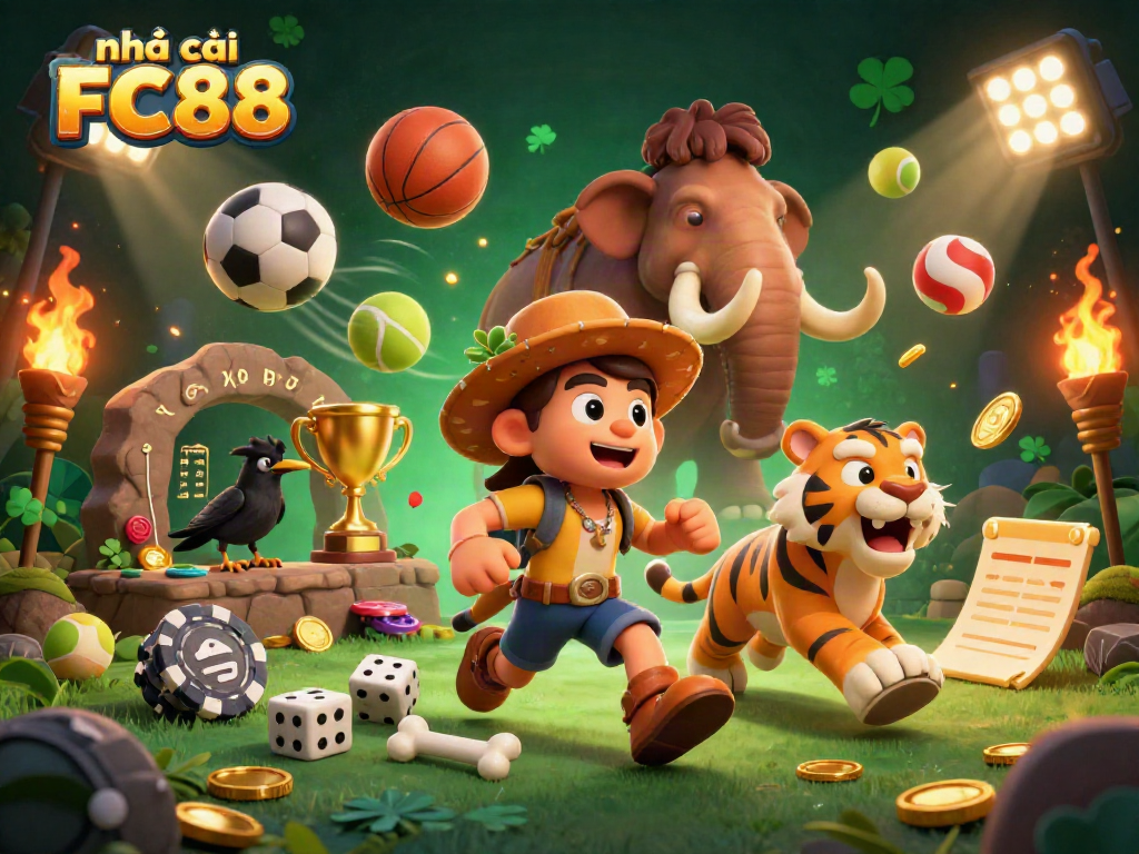 Engage with vibrant action at nhà cái FC88 featuring a dynamic casino scene with lively characters and elements.