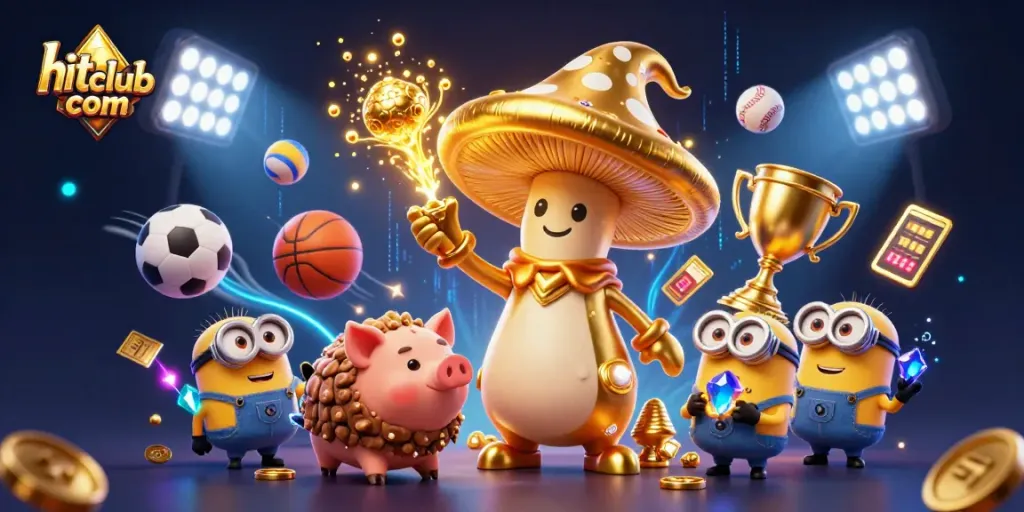 Engage with exciting scenarios at hitclub com, featuring vibrant cartoon characters amidst flying sports balls and dynamic casino elements.