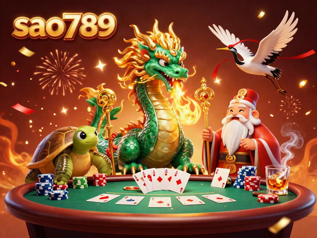 Sao789 showcases a vibrant casino scene with a jade dragon and mythical elements celebrating a poker win.