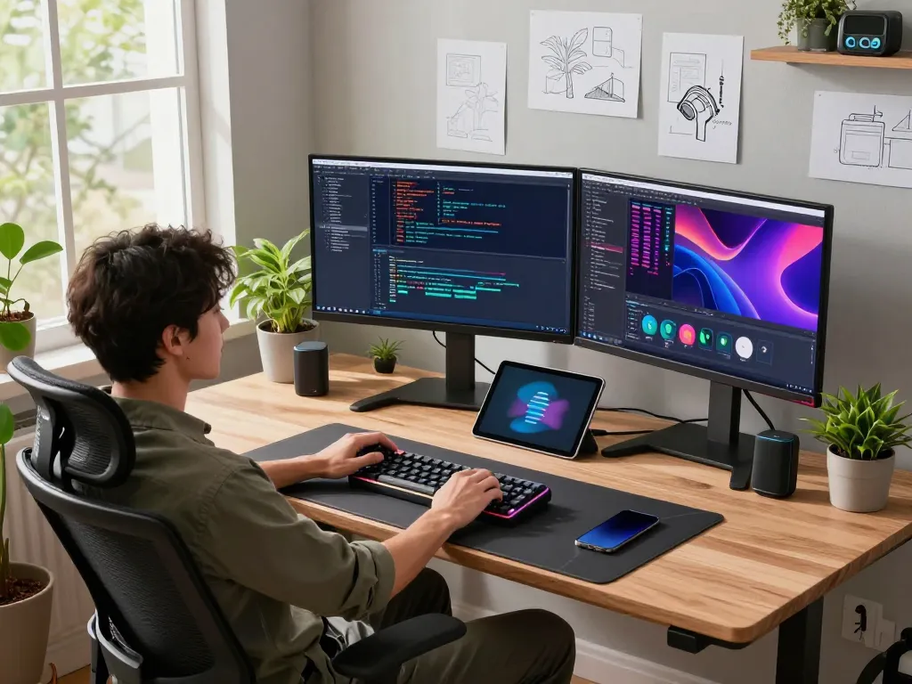 Dynamic workspace for spicy ai development with programmer coding and modern tech setup