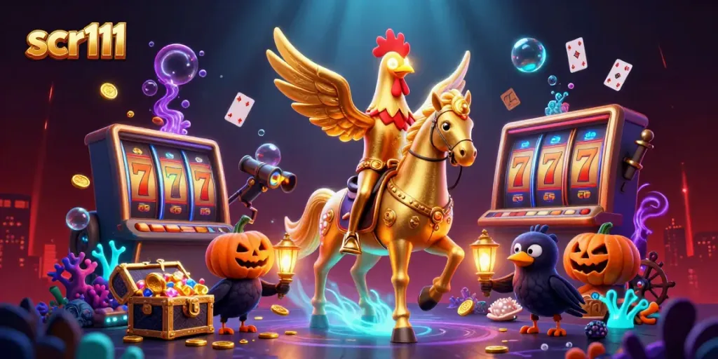 Join scr111 for exciting slots with a golden rooster in an enchanting casino scene.